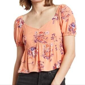 Abound Floral Print Puff Sleeve Babydoll Top in coral aster bouquet Size L